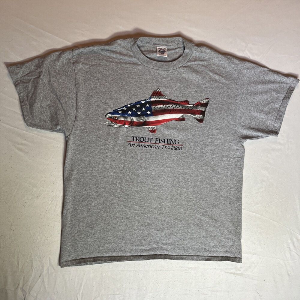 VTG Trout Fishing An American Tradition T Shirt Mens  XL Grey USA Delta Outdoors